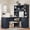 Antique Blue + Particle Board+MDF, variant on L-shaped computer desk with 2 cabinets and 2 drawers underneath the table, 11 open shelves and a flip-up shelf with storage on the right side, suitable for study, living room and office, Black