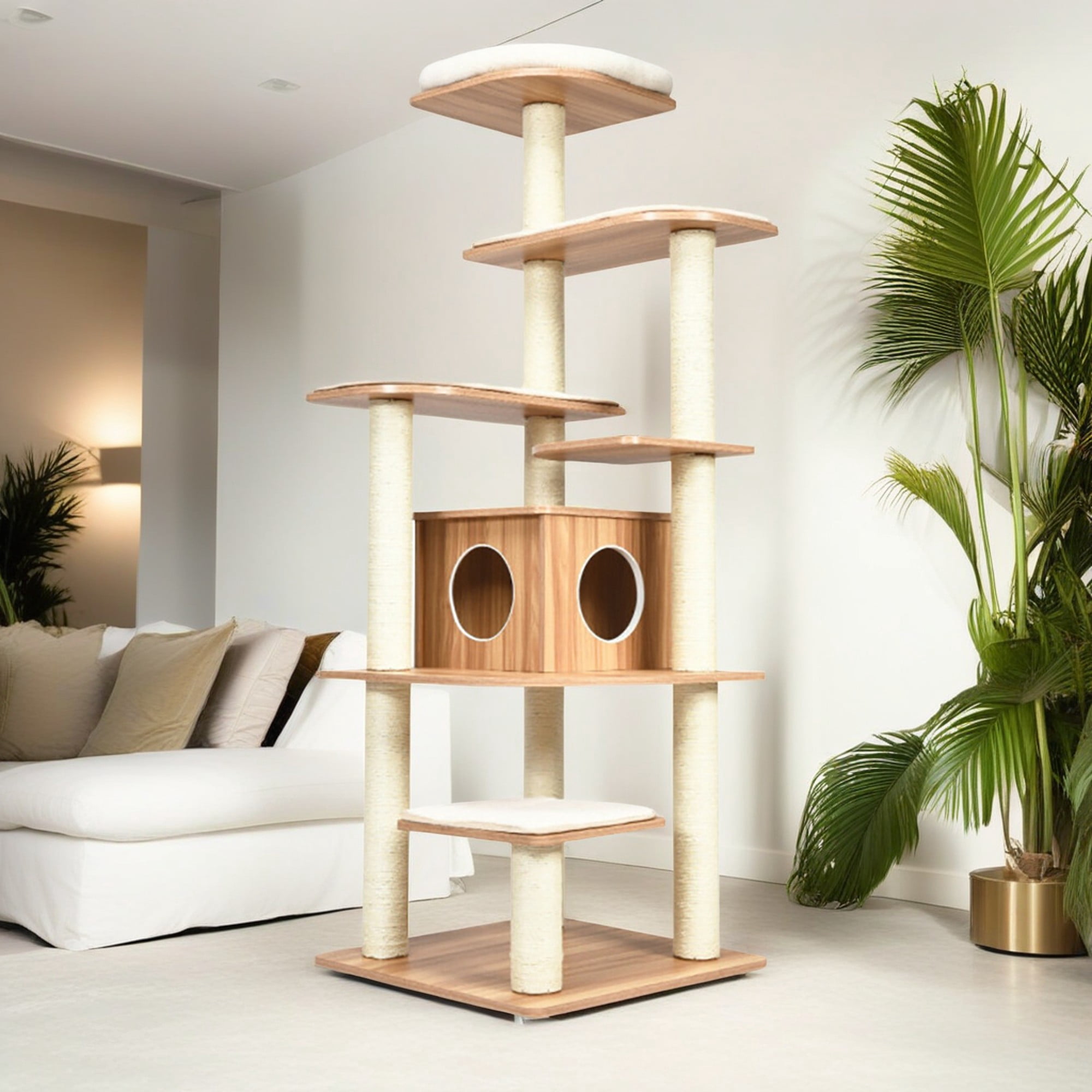 Pefilos 71" Wood Cat Tree Tower for Indoor Cats, Multi-Level Cat Condo with 10 Scratching Posts, Perch, Washable Removable Cushions, Cat Furniture, Beige