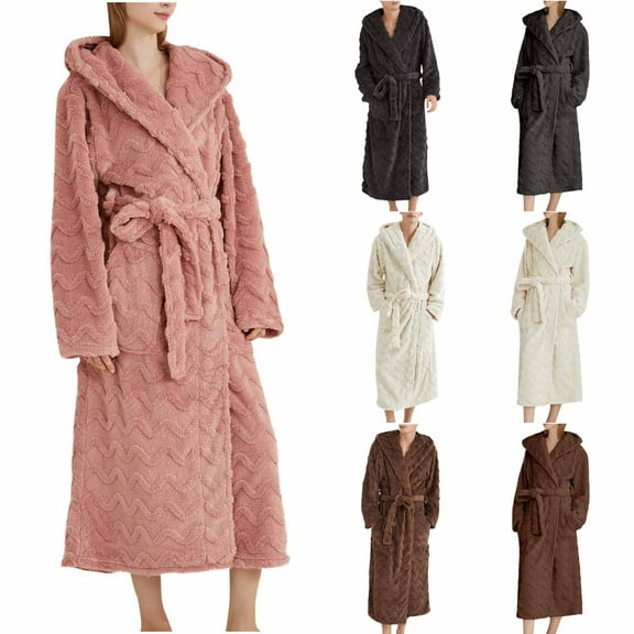 Meichang Women's Fleece Bathrobe Hooded Long Robe Plush Long Sleeve Winter Bathrobe Cozy Soft Fluffy Fuzzy Kimono Robes with Belt Pockets Loungewear
