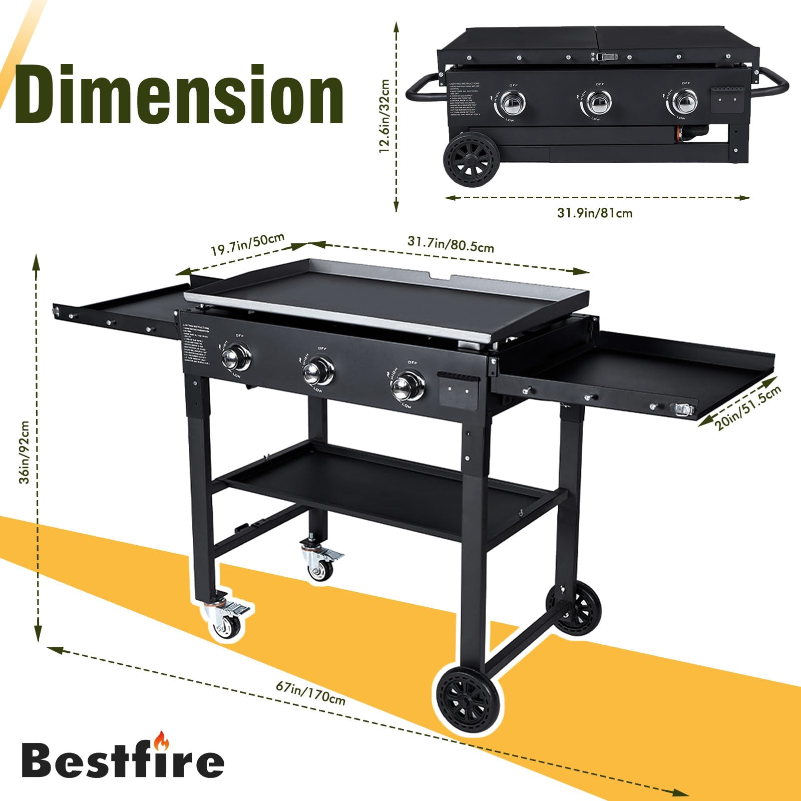 Frizi 45,000 BTU 3-Burner 35" Flat Top Propane Grill with Foldable Shelves, Porcelain-Enameled Cast Iron Grate, Portable Outdoor Griddle for Camping, BBQ, and Tailgating