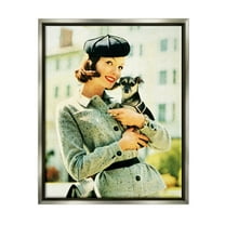 Stupell Industries Vintage Woman & Dog Portrait Beauty & Fashion Photography Gray Floater Framed Art Print Wall Art