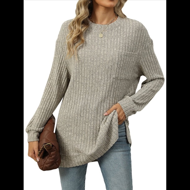 Camiseta de Larga con Cuello Redondo, Rayas, Color Liso y Abertura para Mujer, Otoño/Invierno 2025, con Bolsillo en el Pecho Albaricoque S