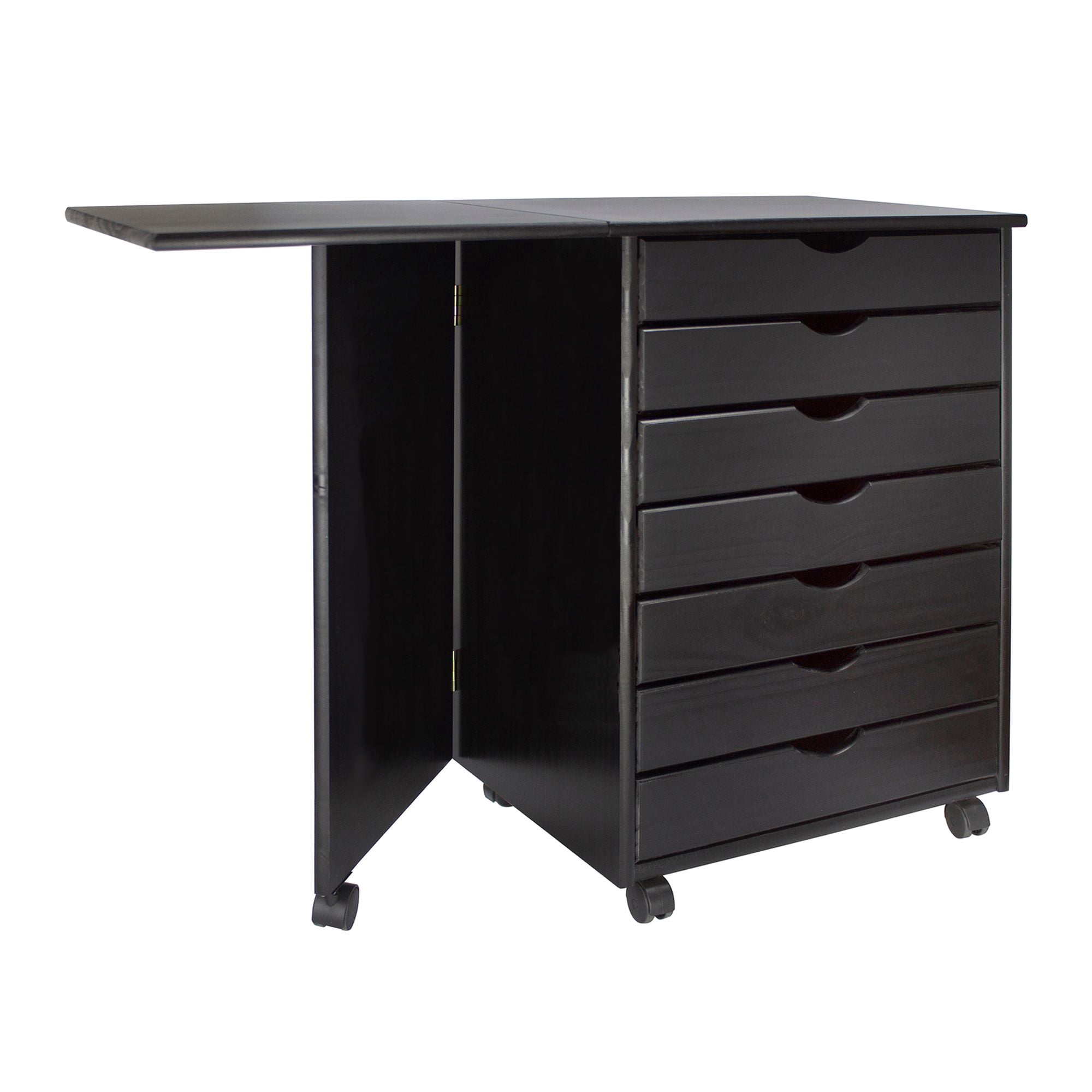 Jela Solid Wood 7 Drawer Gate Leg Roll Cart Desk in Black