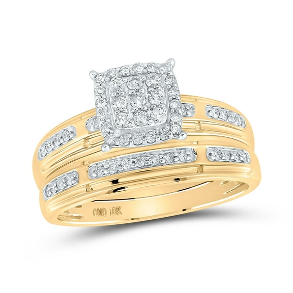 10K Yellow Gold His Hers Round Diamond Cluster Matching Wedding Set 1/2 Cttw, Womens Size: 5-10, Mens Size: 7-13