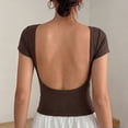 thumbnail image 4 of Women's U-Shaped Backless Short-Sleeve Tops Solid Color Boat Neck Base T-Shirt Bodycon Casual Tees Yoga Workout Tops Coffee, 4 of 7