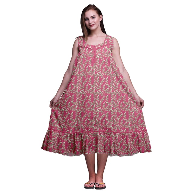 Bimba Robe de Nuit Mi-Mollet à Feuilles Roses pour Femmes, Coton Imprimé, Sans Manches, Maxi, Grande