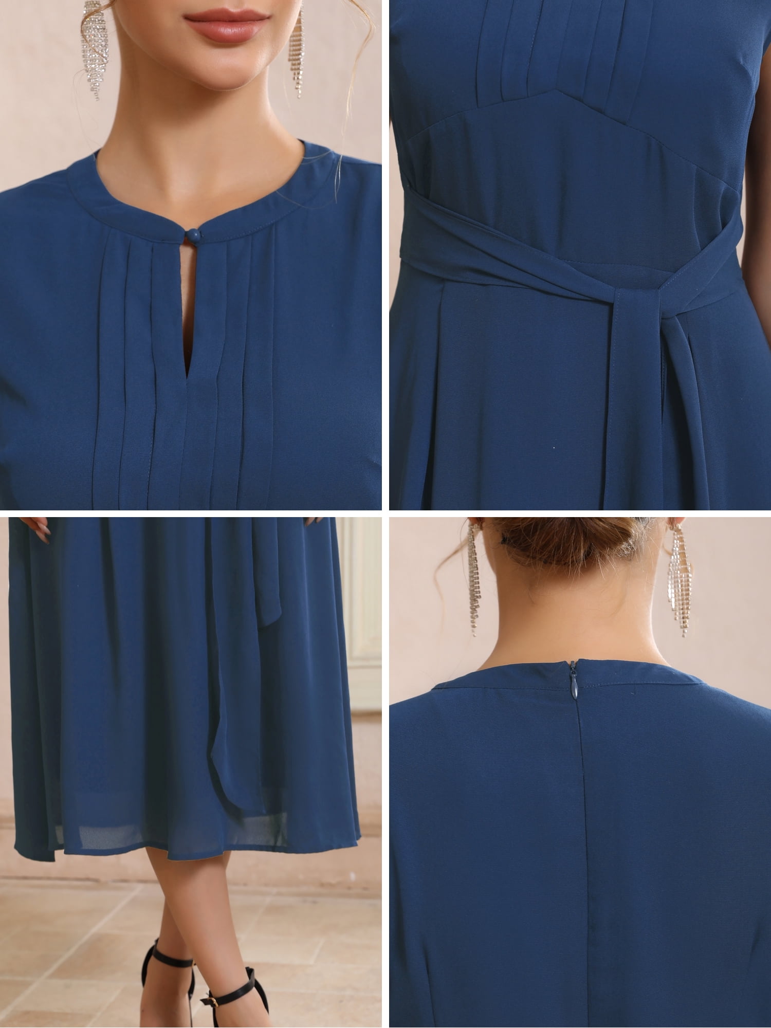 DARING DIVA Women's Elegant Midi Length Cap Sleeve Dress with Tie Waist M Dark Blue