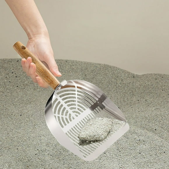 Pala de acero inoxidable para arena de gatos, con orificios grandes y finos, para limpieza de cajas de arena, tamizado eficiente para arena mixta de bentonita y eliminación de desechos de mascotas.