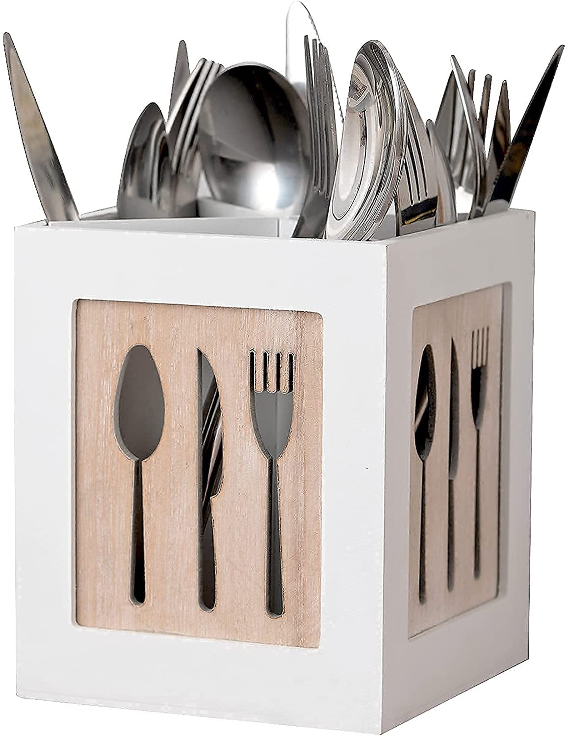 Flatware Organizer Caddy with Wood Base SUS304 Stainless Steel Cutlery Utensil Holder for Kitchen Countertop 2-Piece 