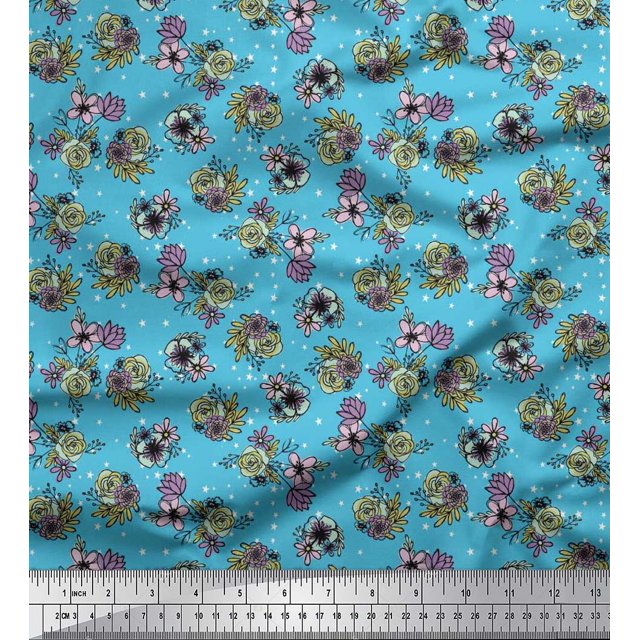 Soimoi Poly Georgette Fabric Star,Leaves & Rose Floral Print Fabric by The Yard 42 Inch Wide