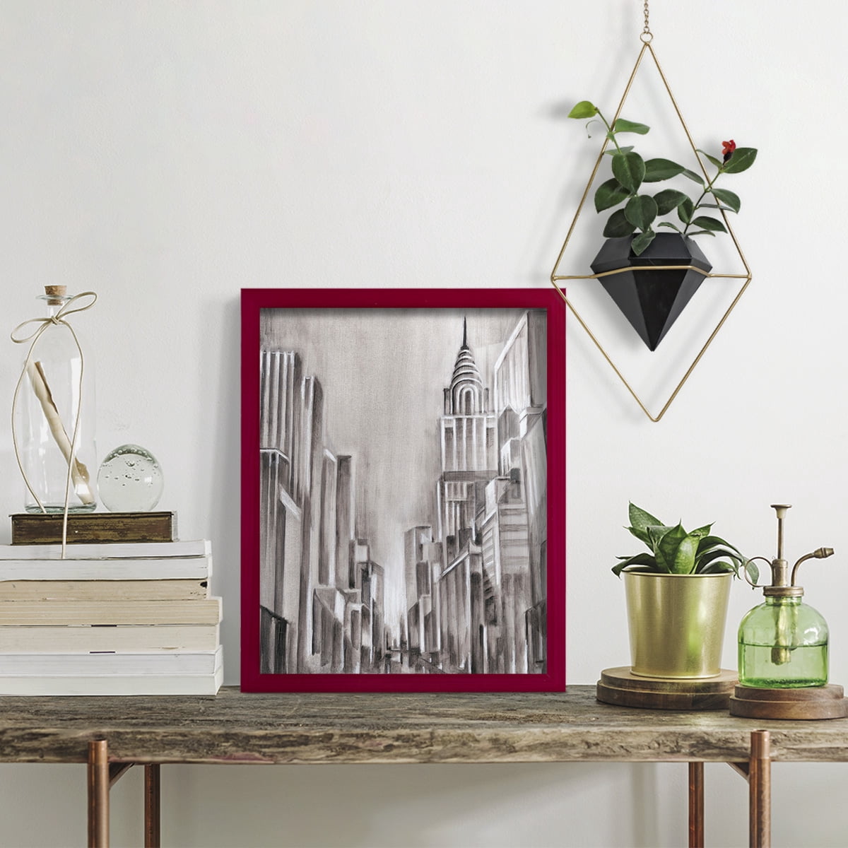 Art Deco Cityscape I -Framed Print w/glass-Cherry Red