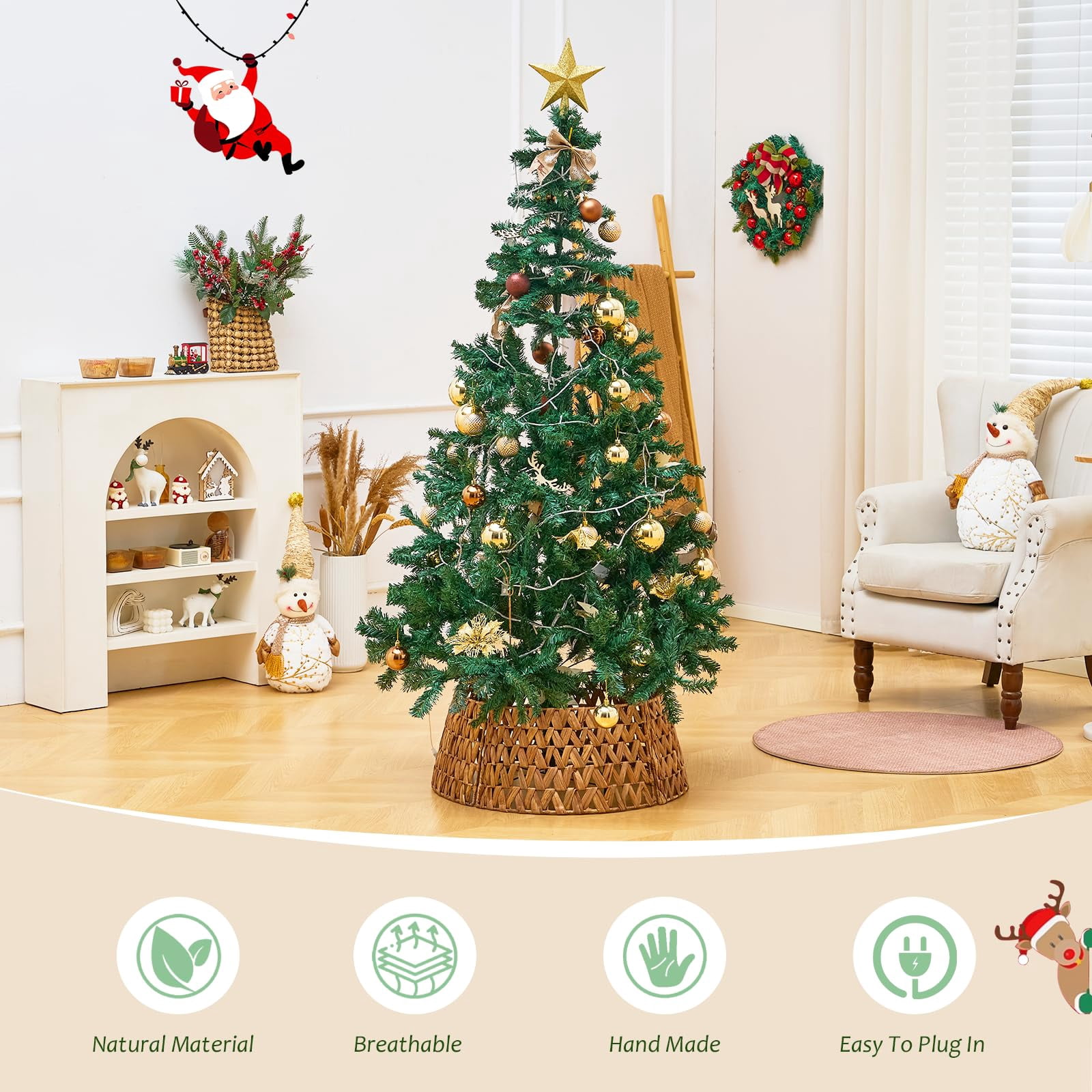 Hand-Woven Natural Water Hyacinth Christmas Tree Collar - Cord Cutout Design, Rustic Eco-Friendly Holiday Decor for Home