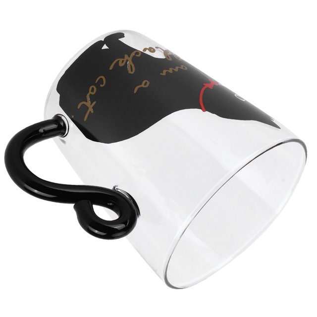 vaso de gato, taza de gato para café, leche, adorable taza de animal, transparente, taza de gato, rendimiento potente Taza de vidrio borosilicato transparente (300 ml, aprox. 8 x 9 cm) en vista 3/4 inclinada con estampado de gatito en negro y detalle rojo; asa en forma de cola de gato negra, interior liso fácil de limpiar; ideal como taza decorativa o regalo para amantes de gatos.