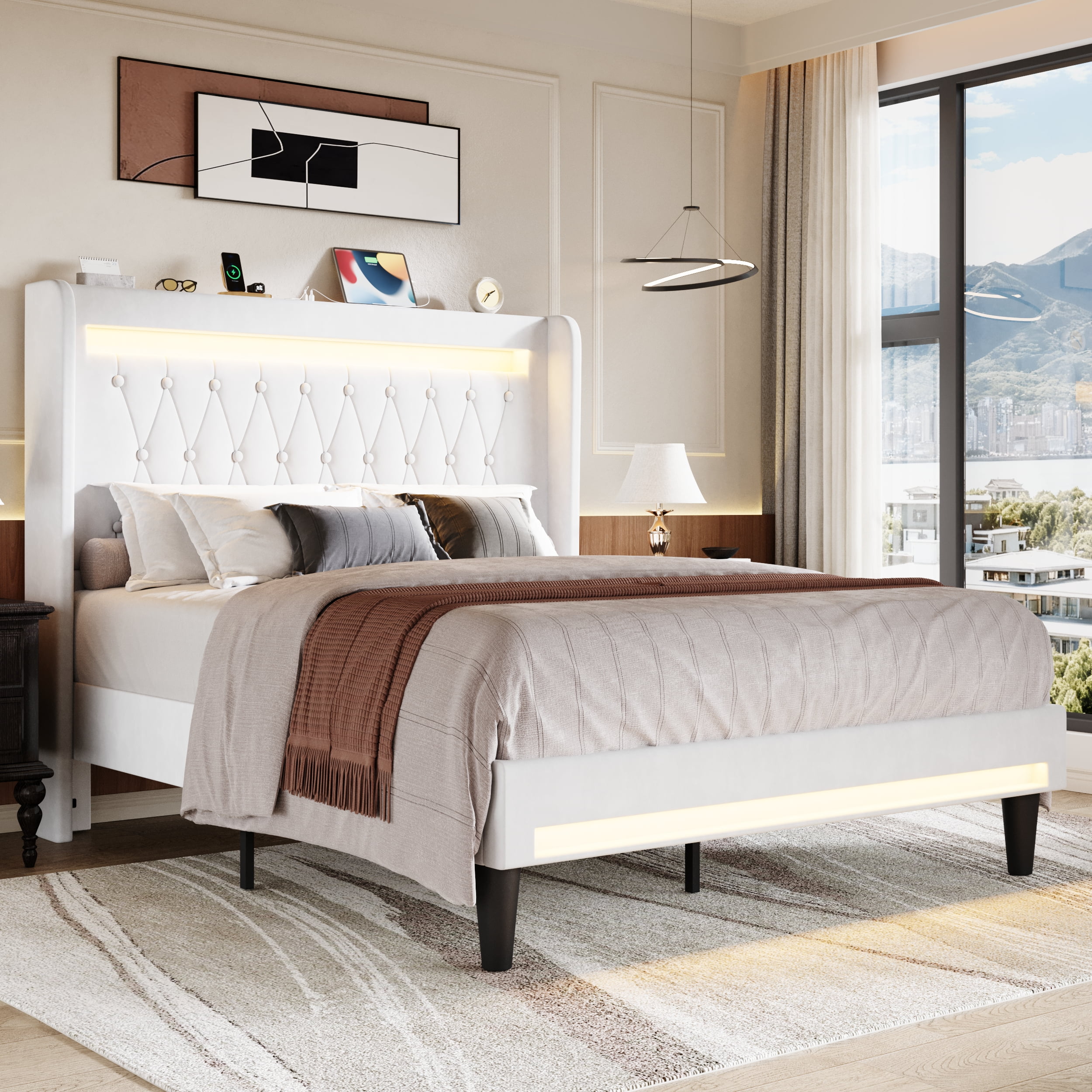 Amolife Queen Size LED Bed Frame, Upholstered Velvet Platfrom Bed with Charging Station, High Wingback Headboard & 2 Lights, No Box Spring Needed, 900 LBS Capacity, White