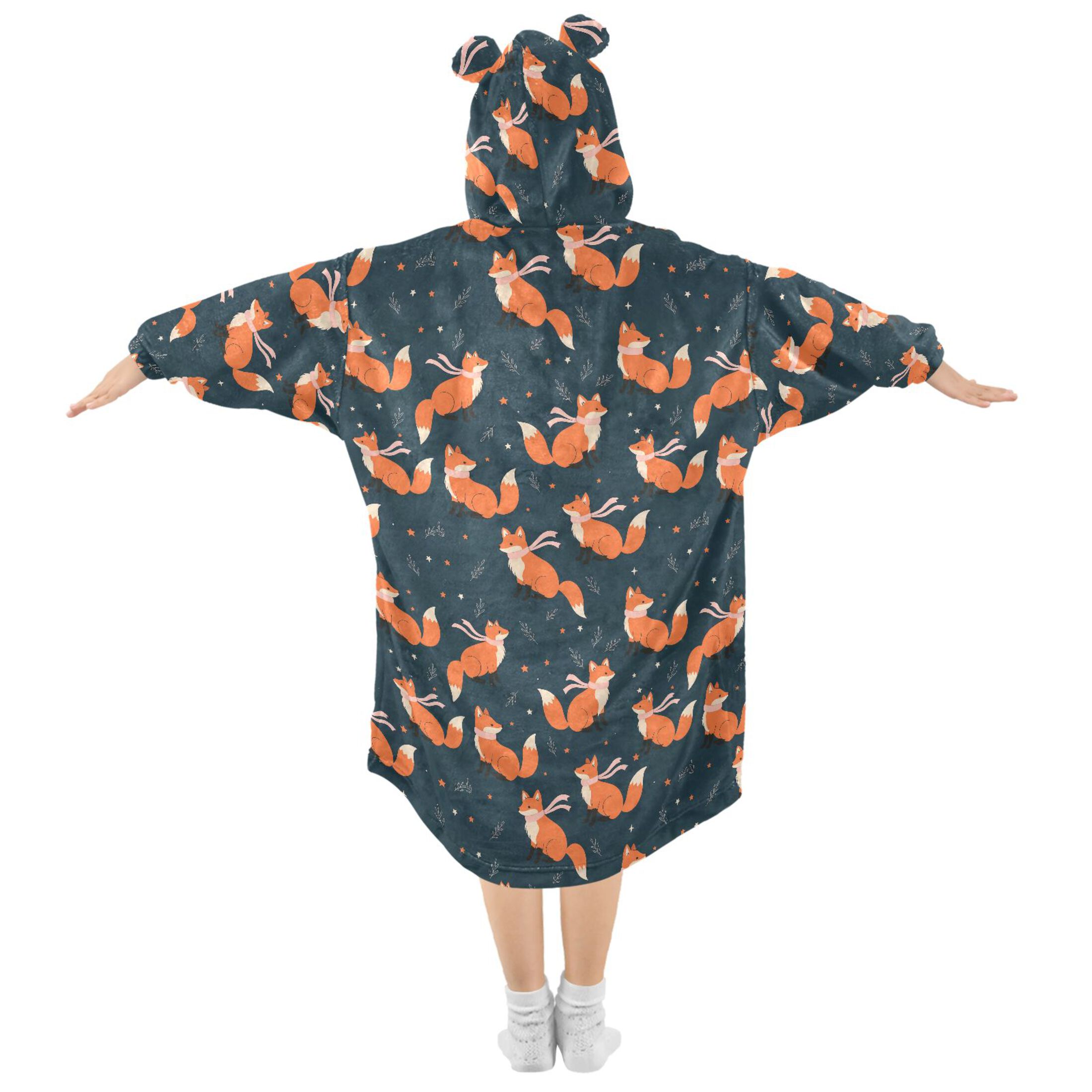 Wearable Blanket Hoodie for Kids Fox with Scarf Flannel Hooded Blanket with Pockets and Sleeves Suitable for Boys and Girls