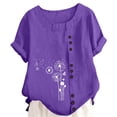 thumbnail image 4 of Ruyang Teen Girls Cotton Linen Tops Cute Print Button Down Crewneck T Shirt Summer Loose Lightweight Outdoor Casual Short Sleeve Shirts, 4 of 8