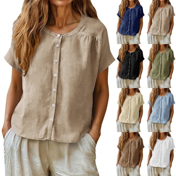Women Linen Cotton Blend Button Down Crew Neck Short Sleeve Loose Fit Summer Blouse Top