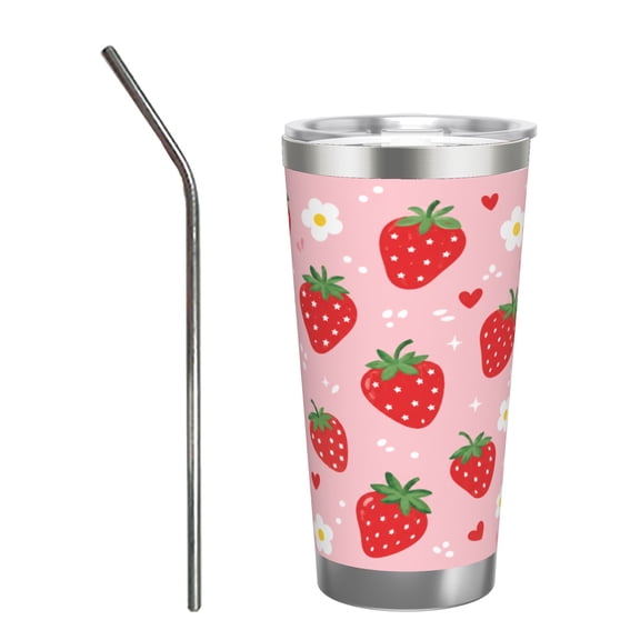 20oz Cute Strawberry Floral Tumbler with Handle Stainless Steel Insulated Travel Coffee Cup Gift with Stainless Steel Straw