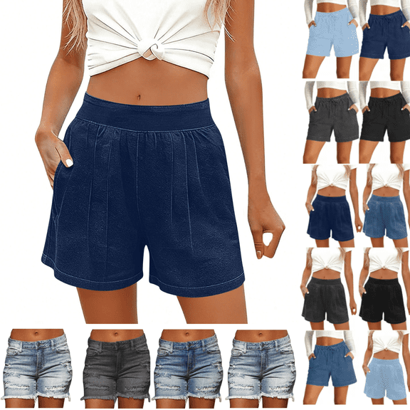 Jinhomg Womens Faux Denim Shorts Stretchy Pleated High Wasit Jean Shorts Wide Leg Casual Workout Fitness Shorts with Pockets Dark Blue,XL