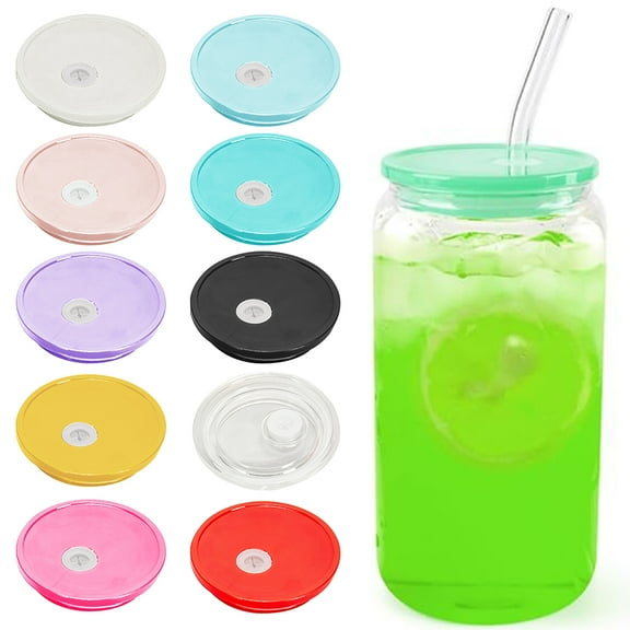 Sioweci 2/10 Pcs Acrylic Lids for 16 Oz Glass Cups Thickened Good Sealing with Straw Hole Easy to Clean Glass Mug Lid Style A