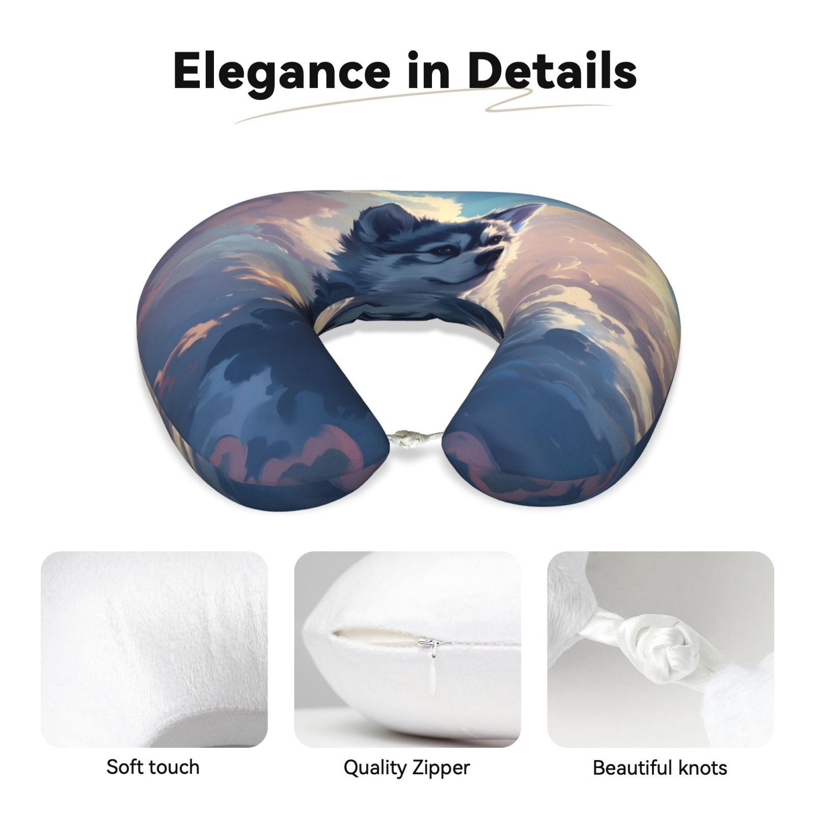 Xecao Cloud Wolf Print Memory Foam Cervical Neck Pillow Versatile U-Shaped Pillows for Home,Office,Camping,Travelling,Soft Washable Cover