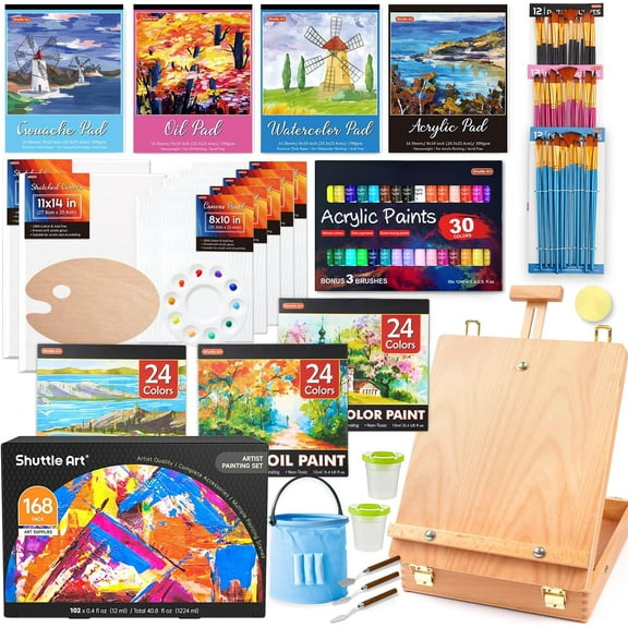 Shuttle Art 168 Pcs Artist Painting Set, Deluxe Art Set with Paint, Wooden Easel, Canvas, Paper Pads, Brushes and Other Art Supplies, Complete Painting Kit for Adults and Artists