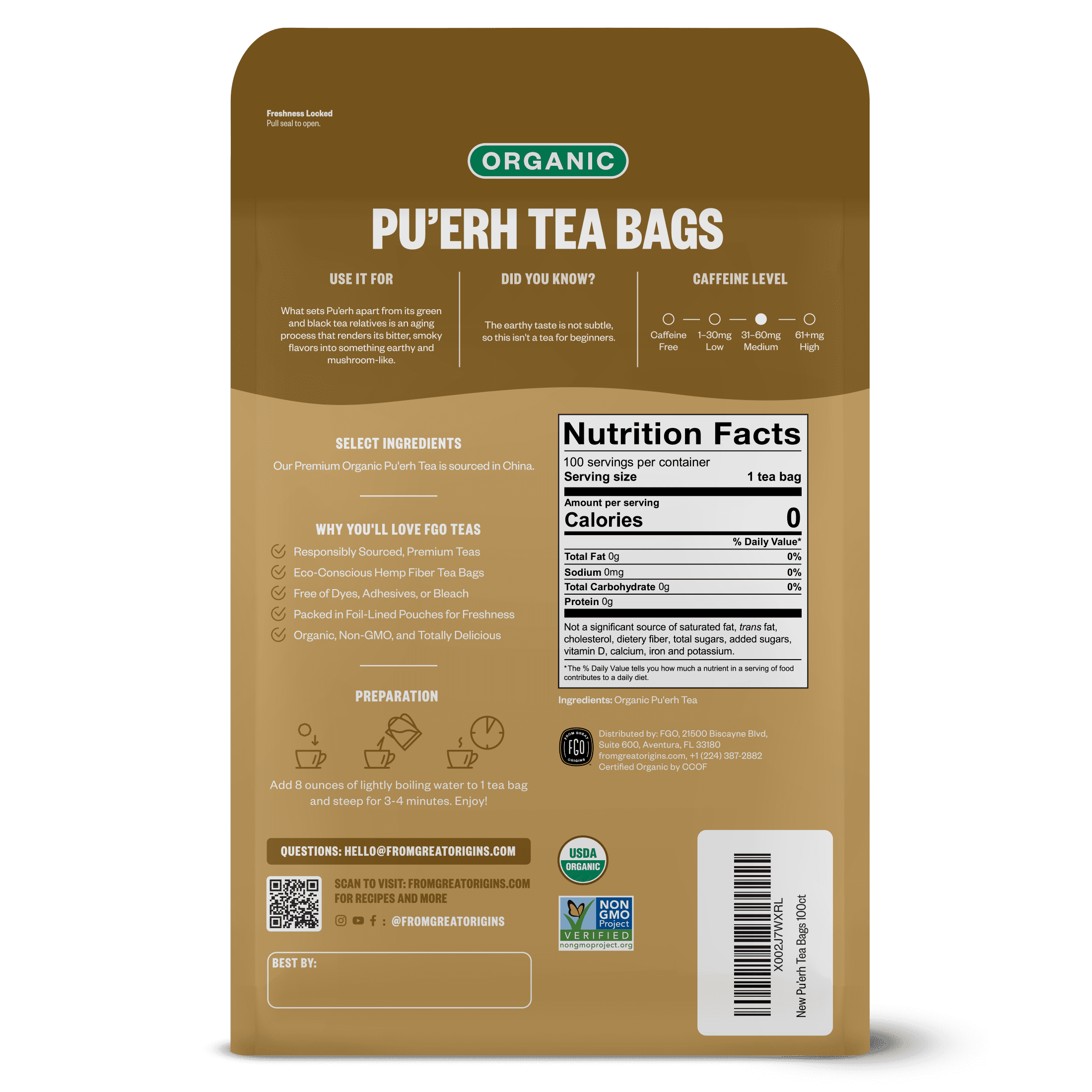 FGO Pu'erh Tea, Organic, Eco-Conscious Tea Bags (100 Count)