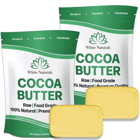 Organic Raw Cocoa Butter 2 lb (1 lb in Each Bag), Unrefined, Pure, Food Grade, Perfect For Skin & Hair Care, Great for All DIY Recipes by White Naturals