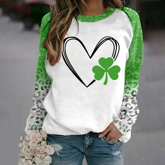 HaoXianJian Shirts for Women St Patricks Day 2025 Casual Long Sleeve Sweatshirt Shamrock Graphic T-shirt Green Saint Irish love Leart Leopard Print Patty's Tunic Tops Plus Size 4X 5X Valentine's Day
