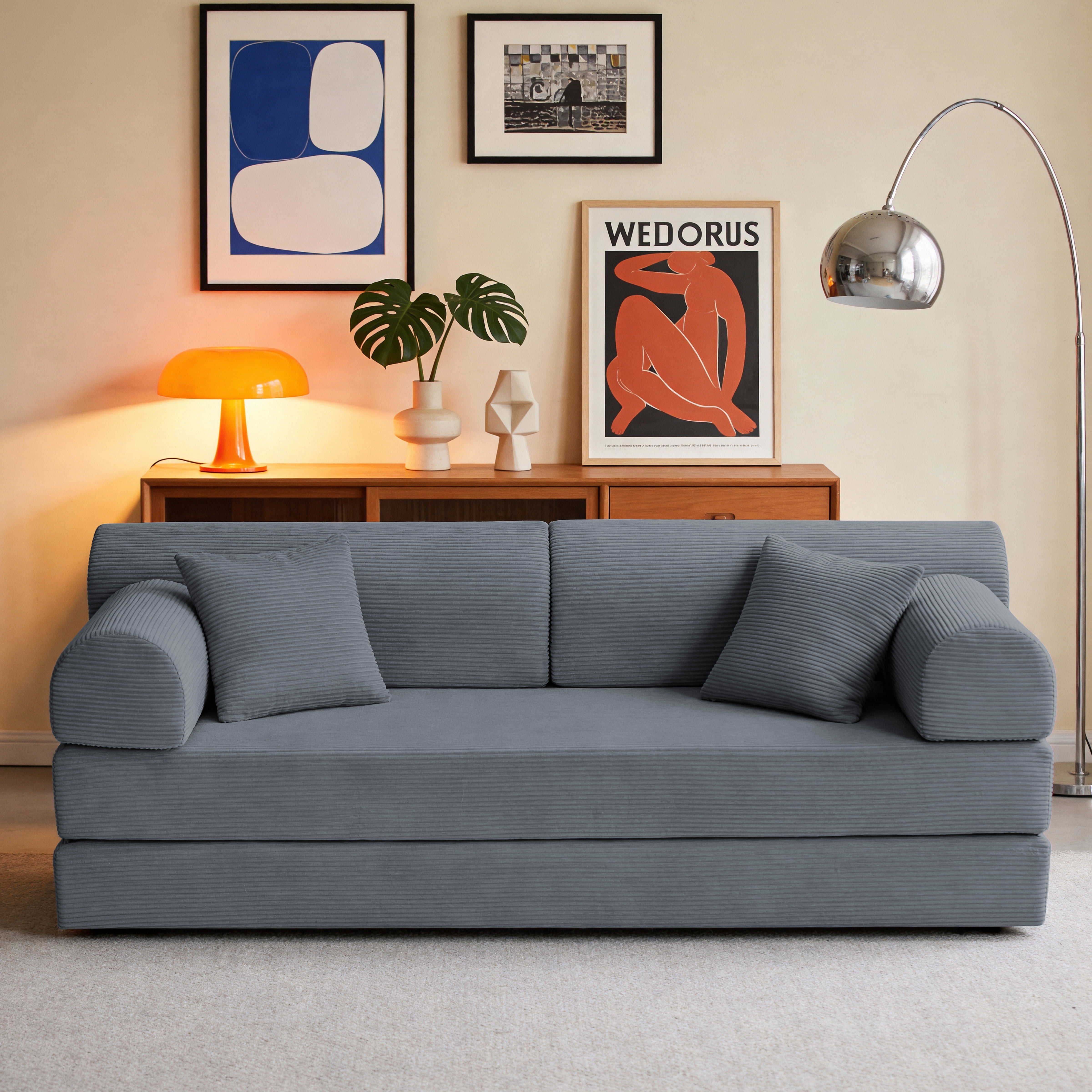 Leumius 79" Convertible Futon Sofa Bed, Boneless Couch for Living Room, Corduroy Folding Mattress Couch with Fixed-Shape Frame, Floor Sofa Lounge Couch with 2 Pillows, No Assembly,Dark Gray