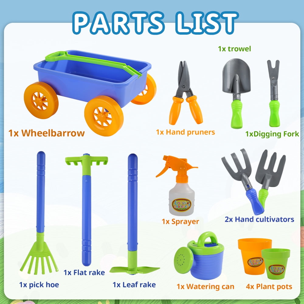 JoyStone Kids Gardening Tools Set, 15 PCS Plastic Gardening Set Include Child Safe Rake Shovel with Apron Gloves Watering Can Outdoor Toys Gift for Boys and Girls
