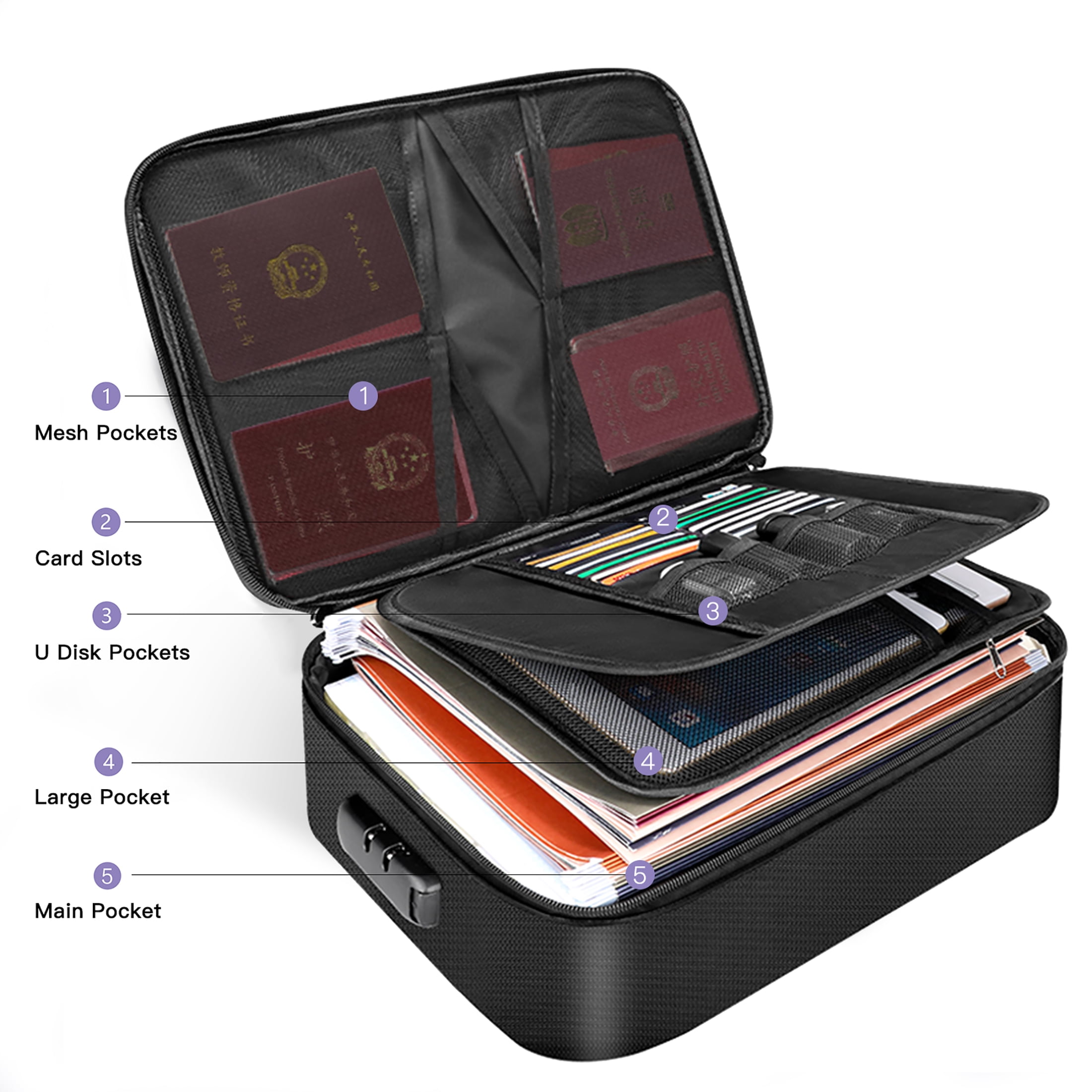 Mixfeer File Organizer Bag with Lock, Fireproof Document Organizer Case with Water-Resistant Zipper,3-Layer Portable Travel Home Storage Safe Bag for Laptop,Files,Certificates,Gifts for Him,Black