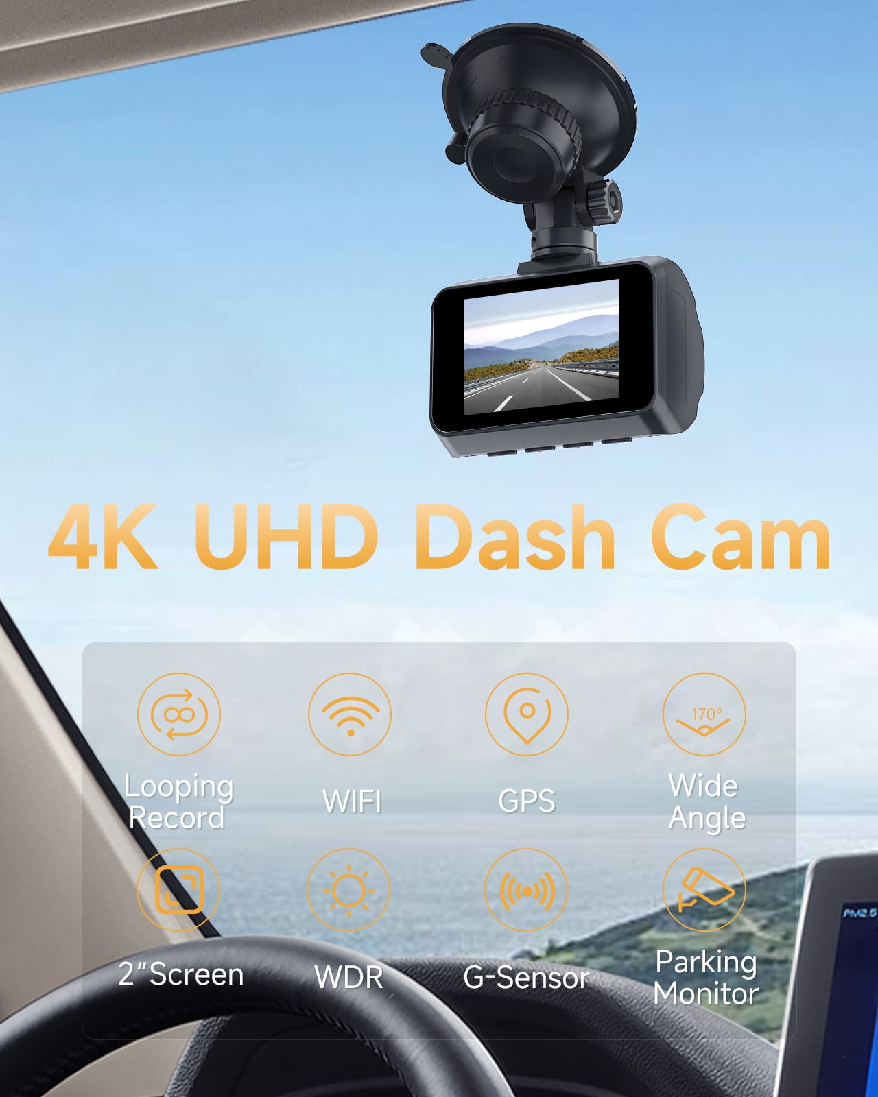 Dash Camera for Cars,4K Full UHD Car Camera Front Rear with Free 32GB SD  Card,Built-in Super Night Vision,2.0'' IPS Screen,170°Wide Angle,WDR, 24H