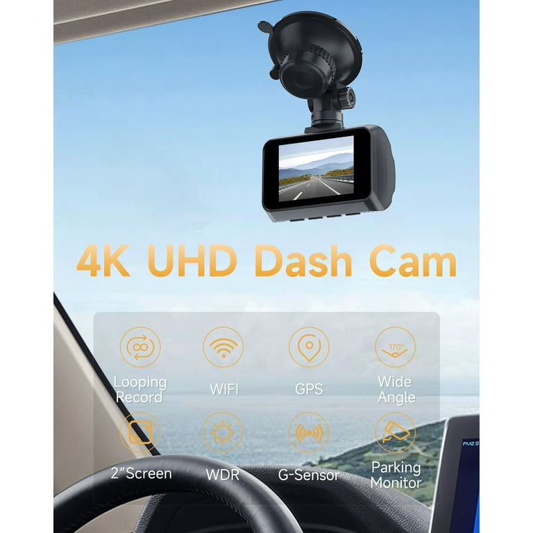 4K Dash Cam Front and Rear, WiFi/GPS Dual Dash Camera for Cars UHD  2160p/1080p Car DVR Cam with Night Vision, Parking Monitor, 170° Angle, 3  Display