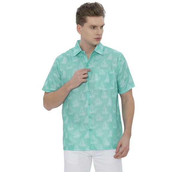 LA LEELA Mens Hawaiian Shirts Short Sleeve Button Down Shirt Men's Casual Vacation Shirts Vacation Summer Party Shirts for Men Funny XXL Green Boat