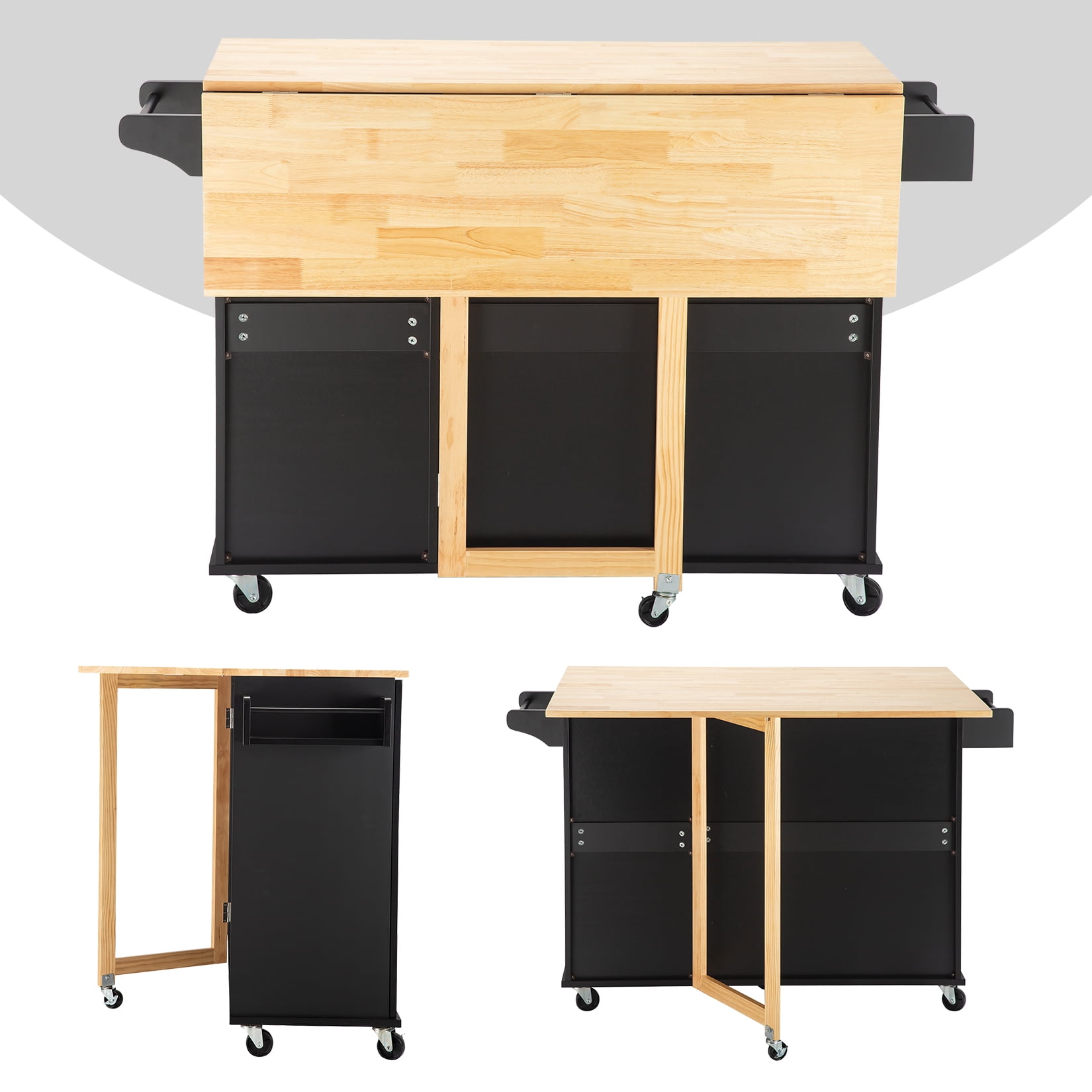 Kitchen Island Cart with Rubber Wood Top, Black