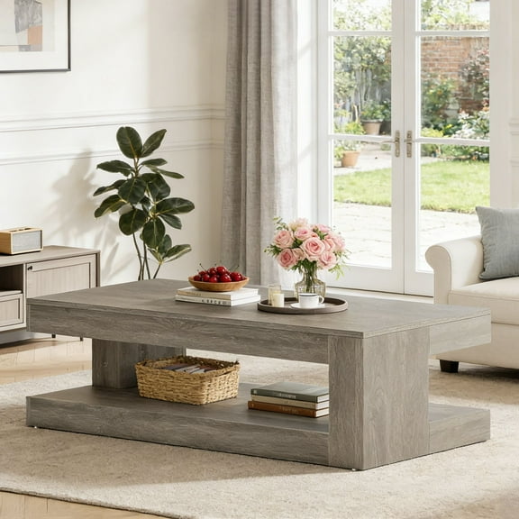 Fnova 47" Farmhouse Coffee Tabl, 2-Tier Rectangular Accent Center Tea Cocktail Table with Storage for Living Room