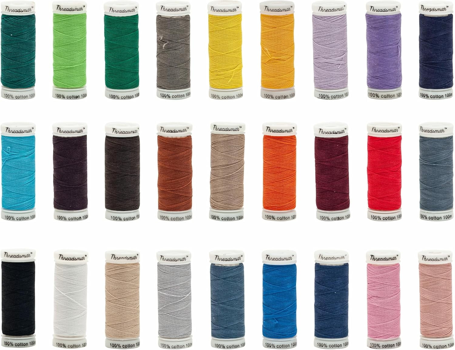 Threadsmith 50 WT Cotton Thread Set – 27 Spools, 100 Meters Each – 3-Ply Mercerized Egyptian Cotton – Premium Sewing Thread in Reusable Box
