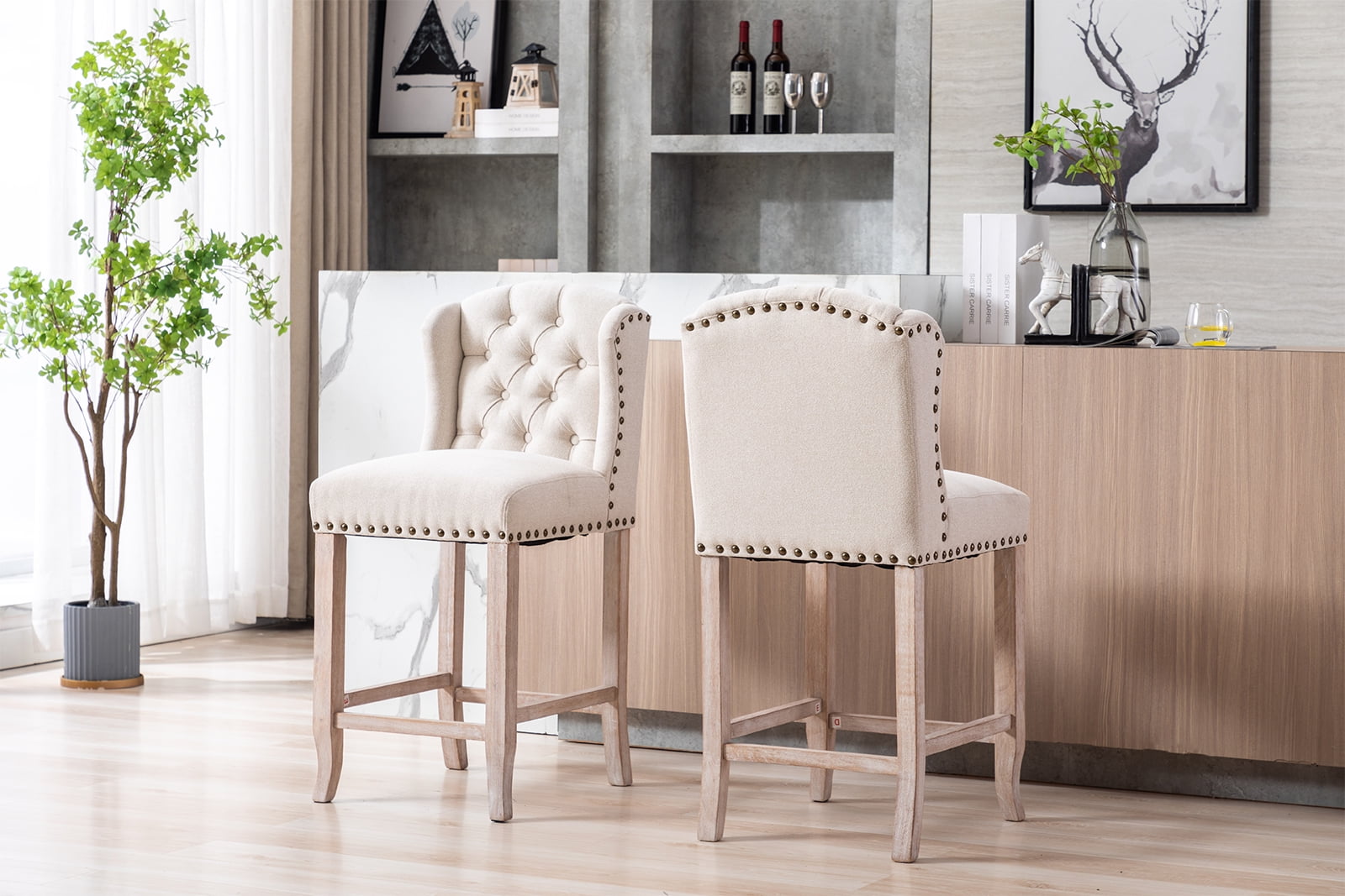 Guyou Modern Tufted Bar Stool Set of 2, 26" Counter Height Bar Stool with Back and Nailhead Trim, Linen Upholstered Solid Wood Kitchen Island Chair Barstools for Bar Restaurant Cafe Dining Room, Beige