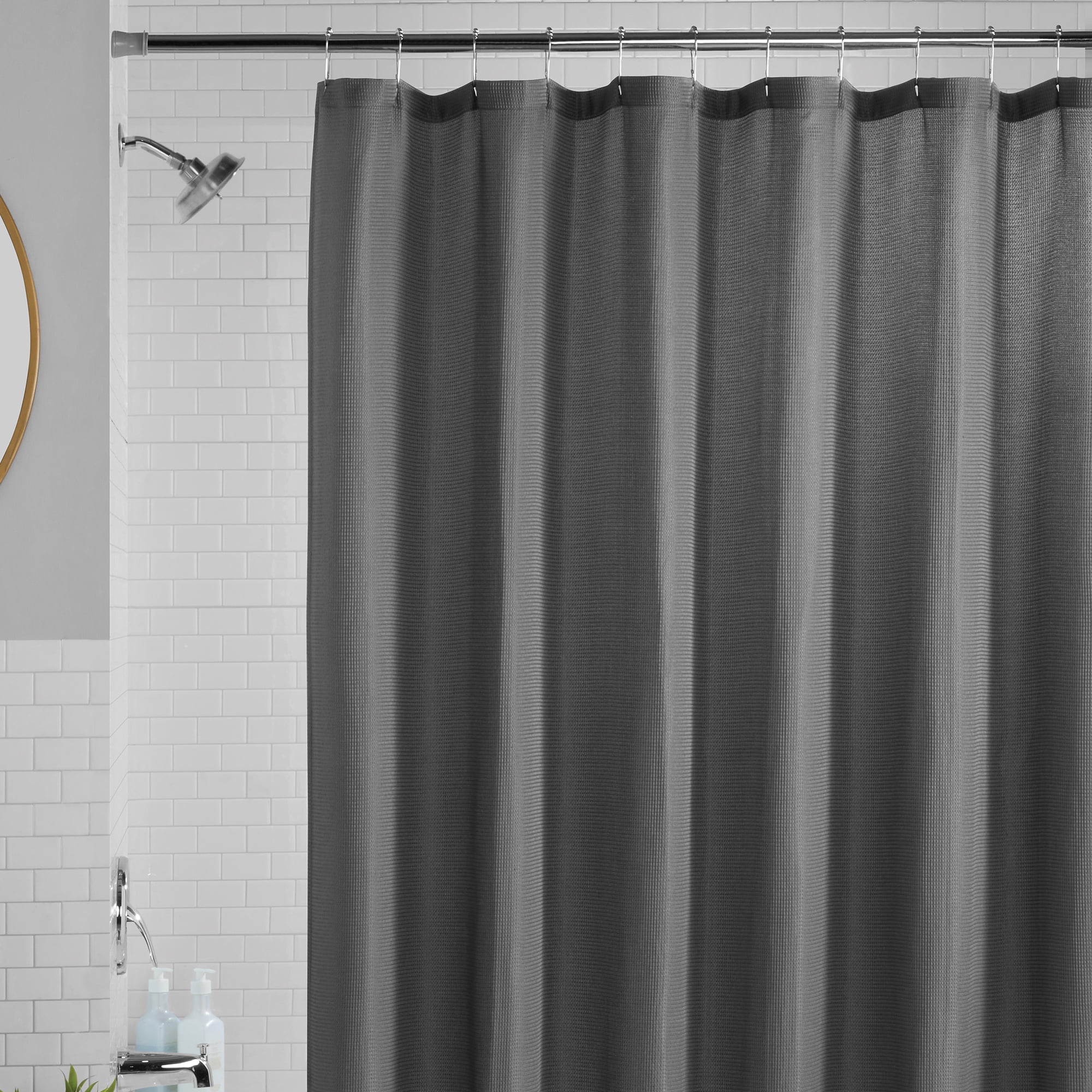 Mainstays Waffle-Weave Fabric Shower Curtain, Cotton Blend with 20% Recycled Polyester, 72 in x 72 in, Gray