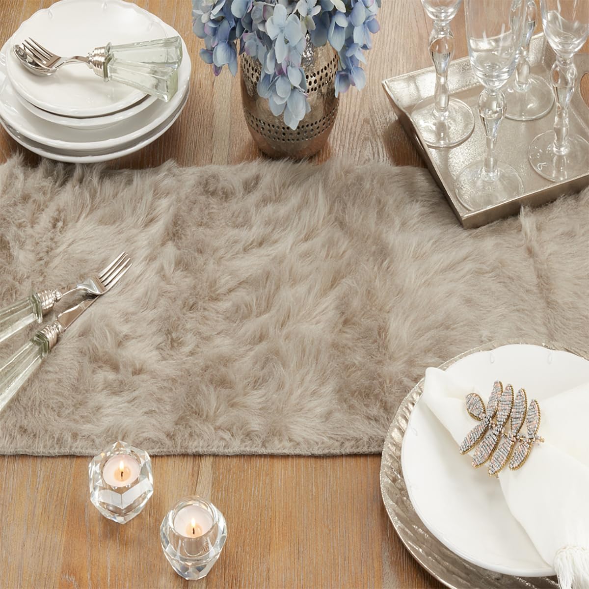 Fennco Styles Juneau Gray Faux Fur Table Runner 15"W X 36"L - Solid Color Soft Plush Table Cover for Home, Dining Room, Banquets, Holiday and Special Occasion