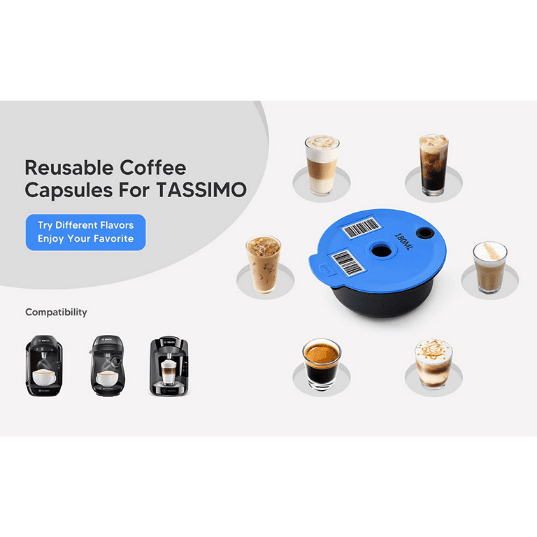 Tassimo - Cápsulas reutilizables de acero inoxidable Tassimo recargables  para máquina Bosch Tassimo, cápsulas de café reutilizables Tassimo con tapa  de silicona, código de barras legible de 180 ml : : Hogar