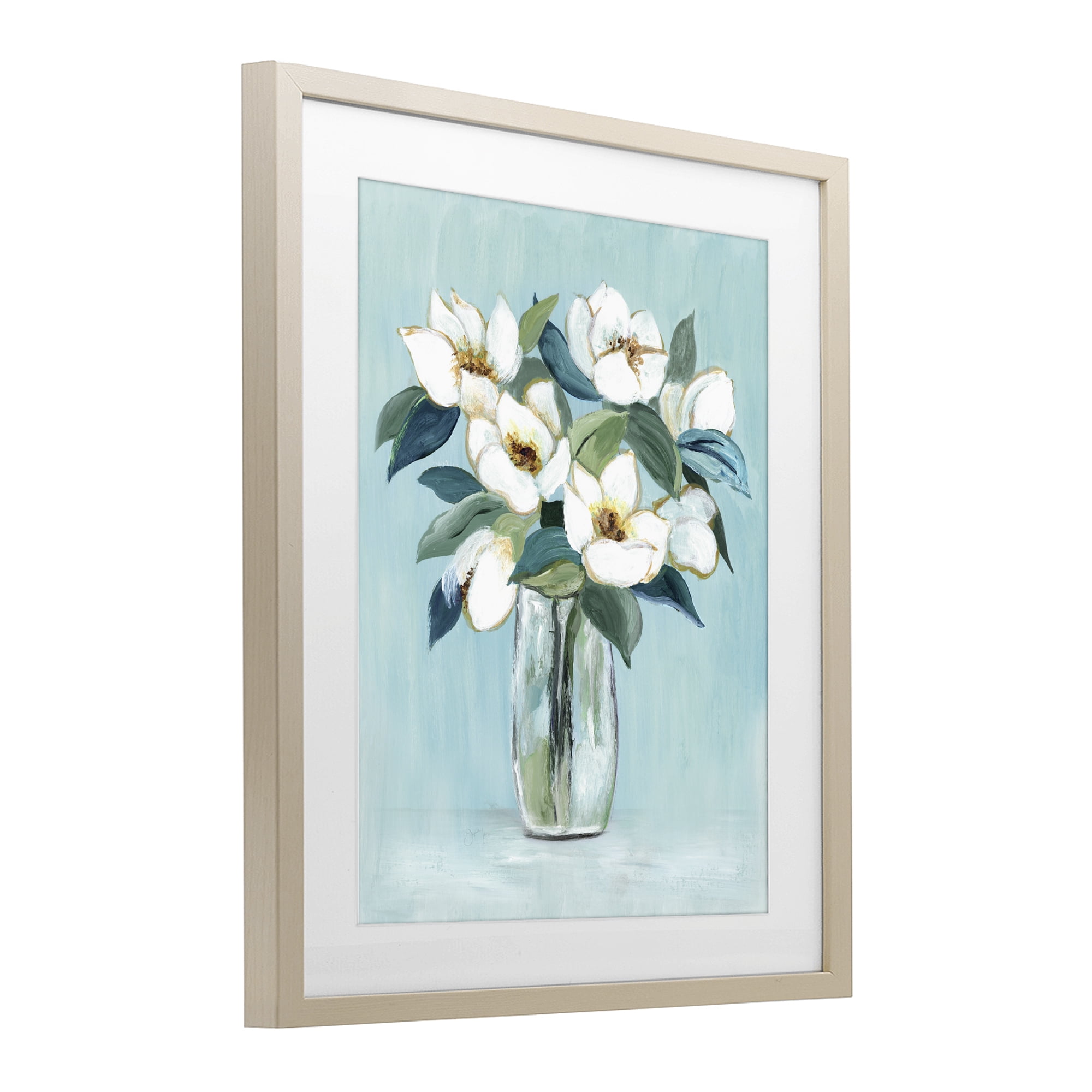 Stupell Industries Magnolia Blossoms on Blue Birch Framed Print Under Glass, design by Janet Tava