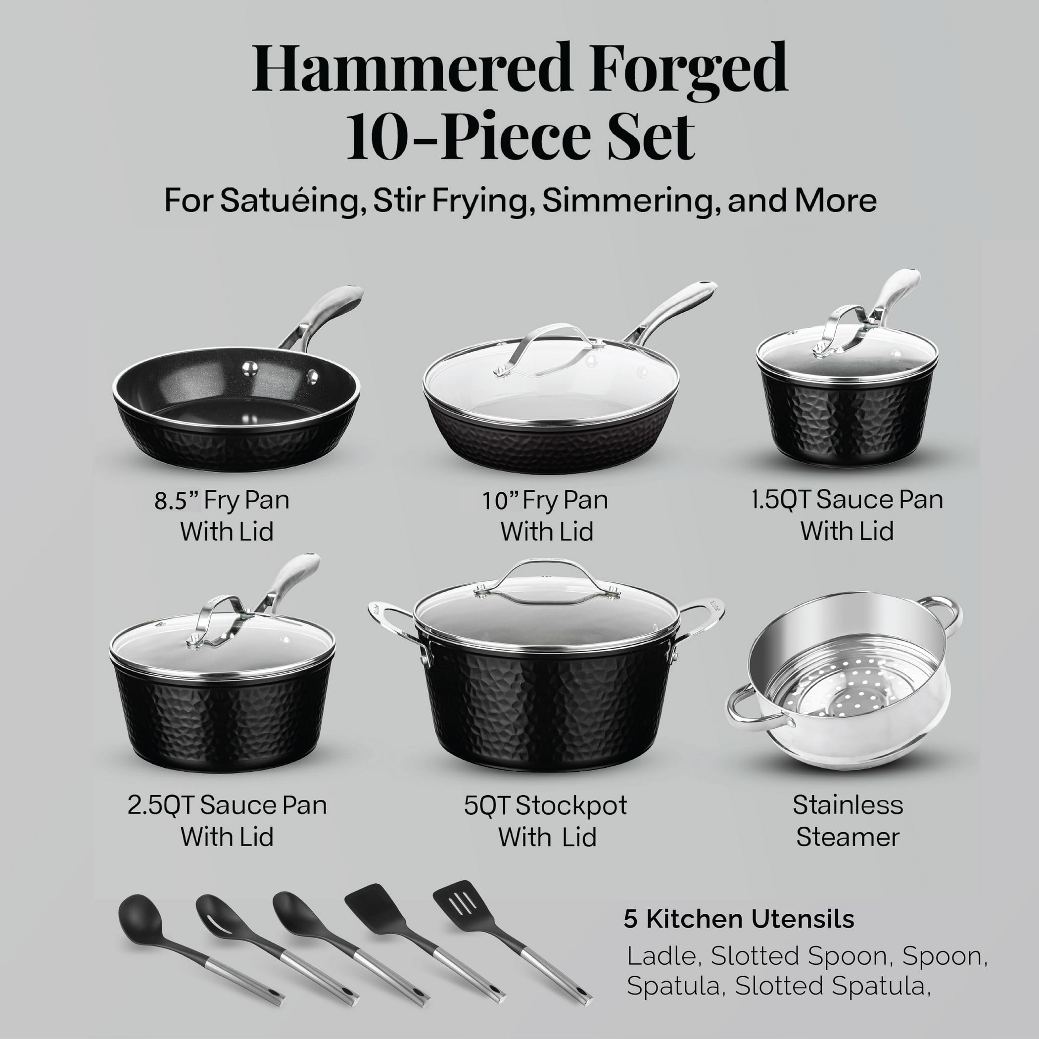 Gotham Steel Hammered 15 Pc Ceramic Pots and Pans Set Non stick, Ceramic Cookware Set with Utensils, Pots and Pans for Cooking, Non Toxic Pot and Pan Set, Kitchen Set, Oven/Dishwasher Safe, Black
