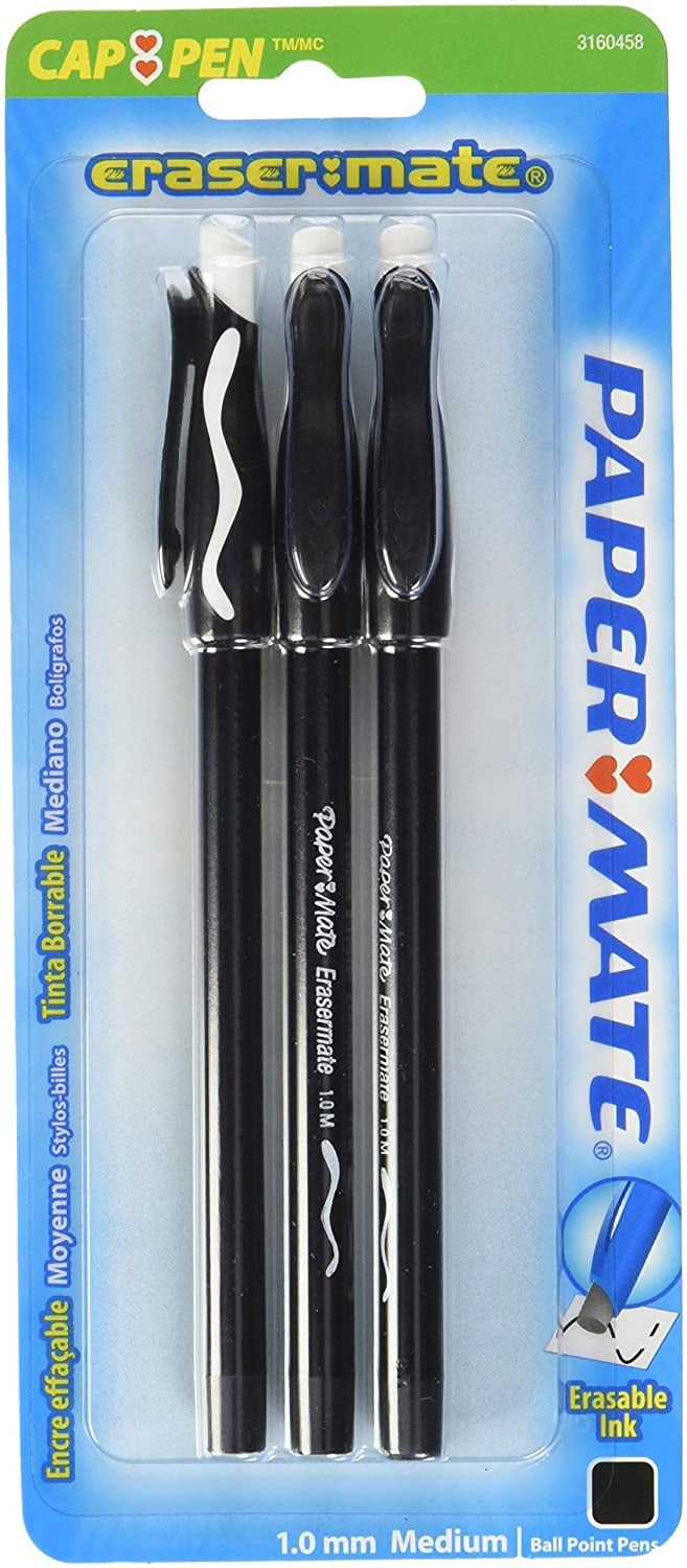 Paper Mate EraserMate Pen Stick, Stick Ball Point Pen Black Barrel