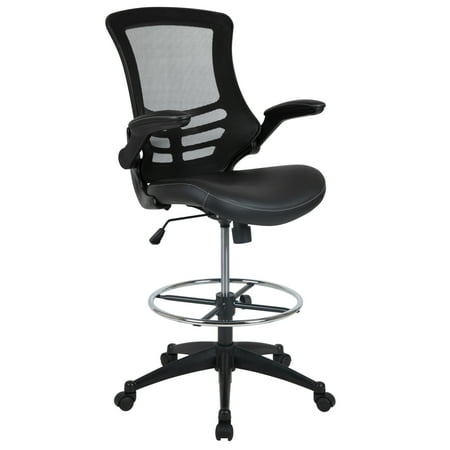 UPC: 0889142669869 | Flash Furniture Kelista Mid-Back Black Mesh Ergonomic Drafting Chair with LeatherSoft Seat Adjustable Foot Ring and Flip-Up Arms