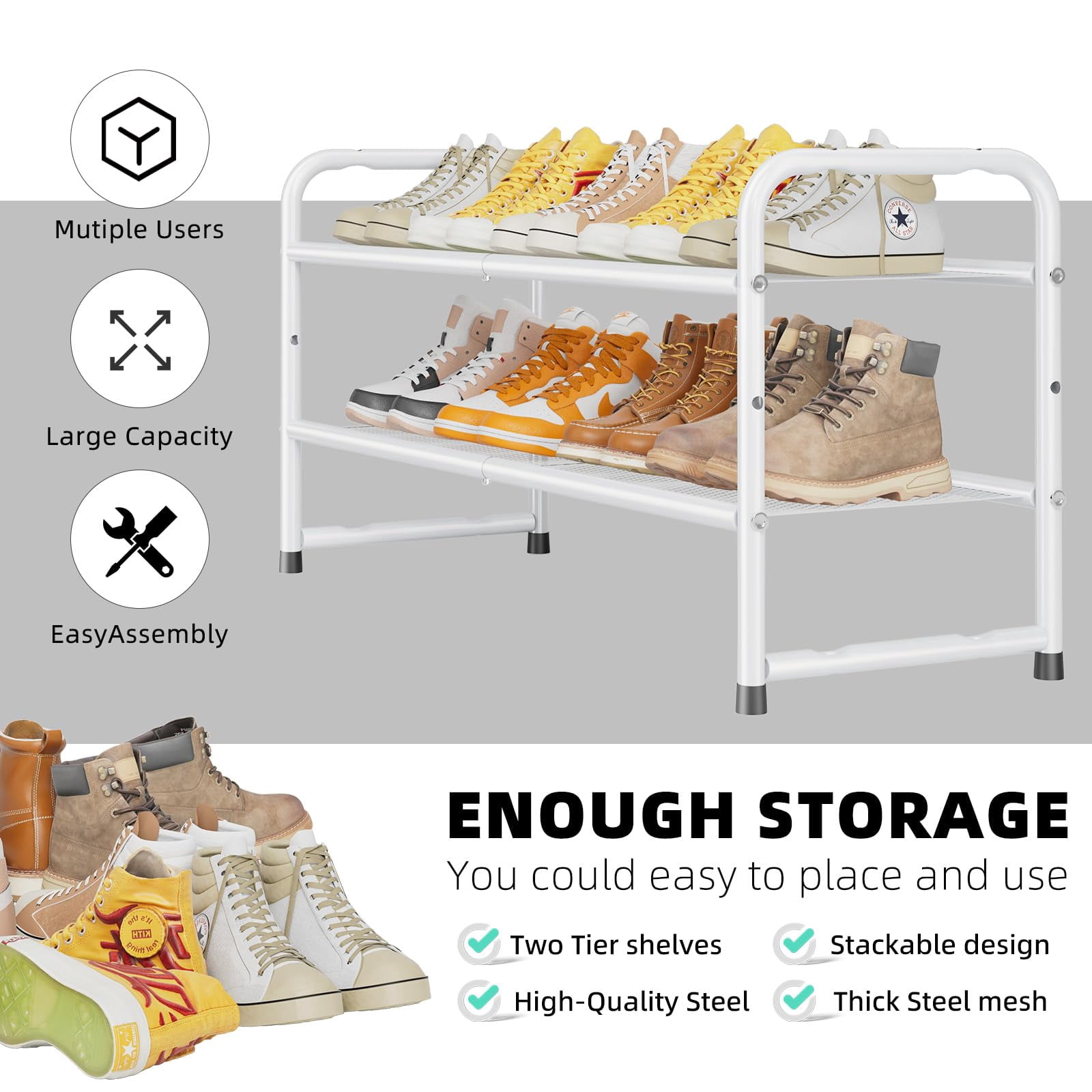 SUFAUY 2 Tier Shoe Rack Holds up to 10 Pairs, 33" Wide Metal Mesh Shoe Organizer for Closet, White