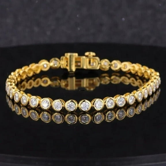 4MM Lab Created Diamond 8Ct Round Bezel Tennis Bracelet 14K Yellow Gold Plated Silver 7in