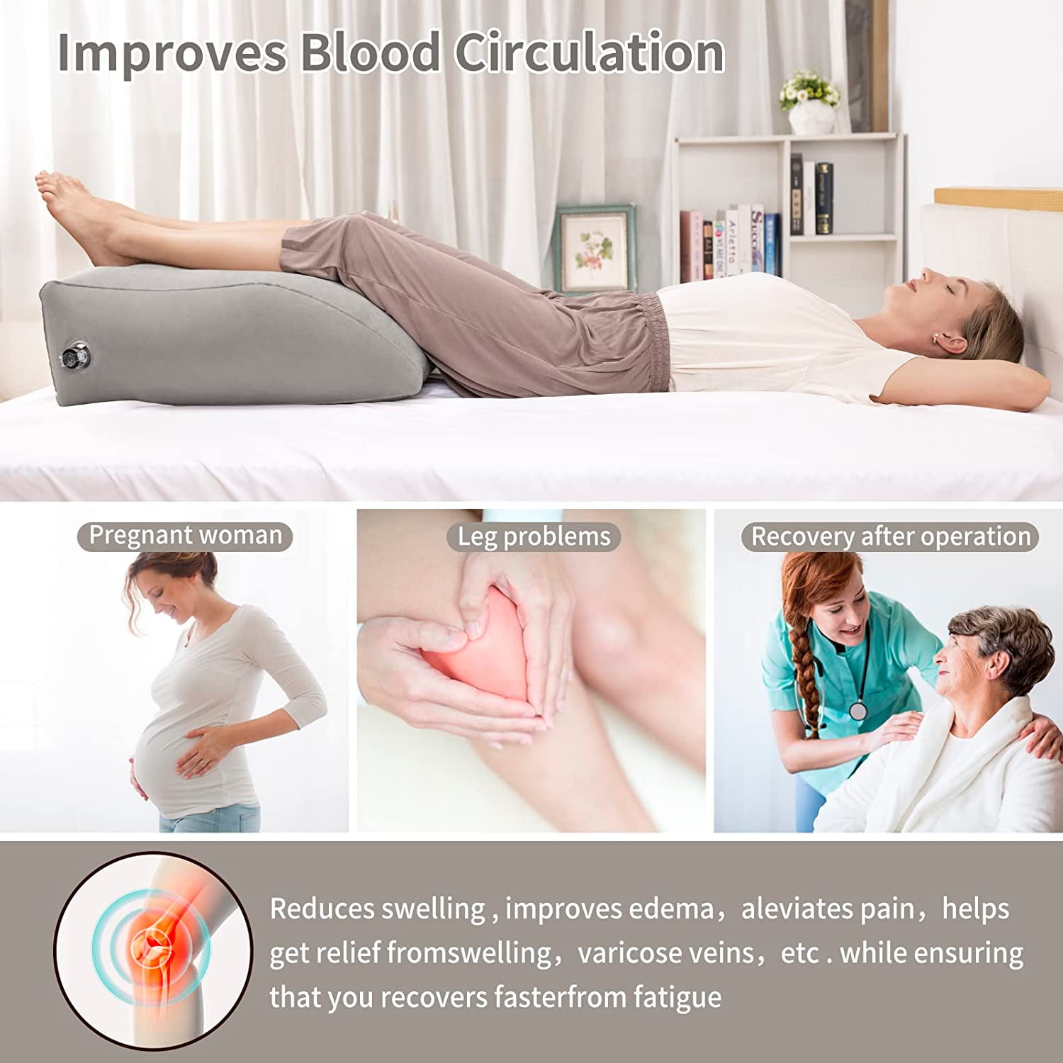 Hinzonek Leg Elevation Pillows, Inflatable Portable Wedge Pillows for Sleeping, Legs Reduce Swelling, Blood Improve Circulation, Back Pain, After Surgery, Foot Lift Rest, Pregnant, Gray