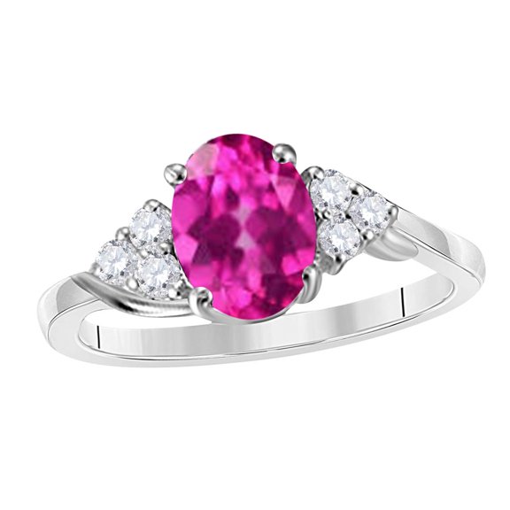 Mauli Jewels Rings for Women 1.45 Carat Diamond And Oval Shape Pink Topaz Ring 4 Prong 10K White Gold